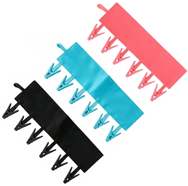 Main image of Mini Clothespins Travel Hangers 3-Pack: Foldable Portable Clothes Hangers w/ 6 Clips for Swimsuit, Towel & Sock Drying Rack - Cruise, Dorms, Travel (Black, Blue, Red)