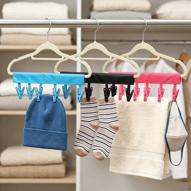 Alt view image 3 of 7 - Mini Clothespins Travel Hangers 3-Pack: Foldable Portable Clothes Hangers w/ 6 Clips for Swimsuit, Towel & Sock Drying Rack - Cruise, Dorms, Travel (Black, Blue, Red)