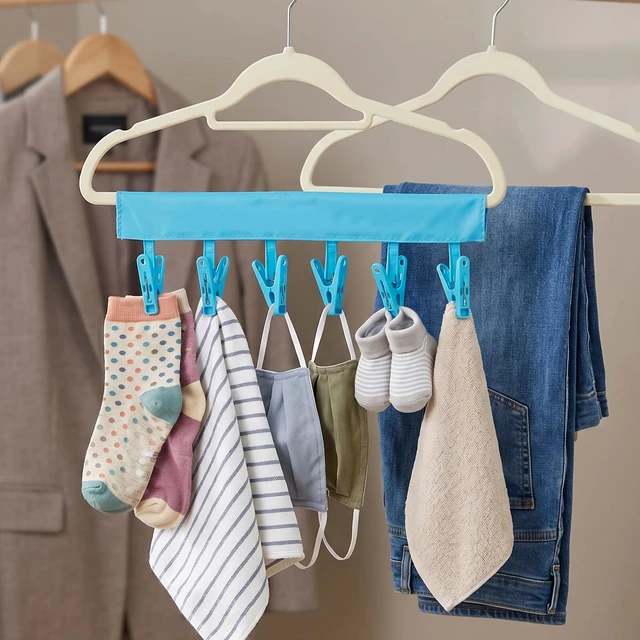 Alt view image 5 of 7 - Mini Clothespins Travel Hangers 3-Pack: Foldable Portable Clothes Hangers w/ 6 Clips for Swimsuit, Towel & Sock Drying Rack - Cruise, Dorms, Travel (Black, Blue, Red)