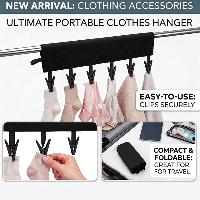 Alt view image 6 of 7 - Mini Clothespins Travel Hangers 3-Pack: Foldable Portable Clothes Hangers w/ 6 Clips for Swimsuit, Towel & Sock Drying Rack - Cruise, Dorms, Travel (Black, Blue, Red)