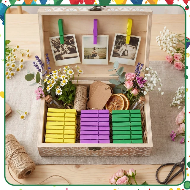 Alt view image 6 of 6 - Colored Clothes Pins 2.9" Wooden Clothespin Clothesline Clips for Crafts Photos Pegs Pictures Decoration Clip, Hanging Clothes, DIY Wreath(Yellow, Green, Purple,120 Pcs)