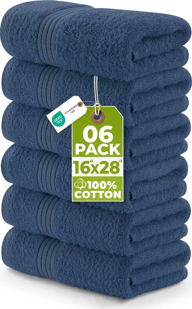 Main image of 6 Piece Hand Towels Set, 16x28 in, 100% Cotton, Navy | Premium Lightweight Ring Spun Cotton Hand Towels - Highly Absorbent, Quick-Drying, Ideal for Travel, Camp, Hotel & Spa