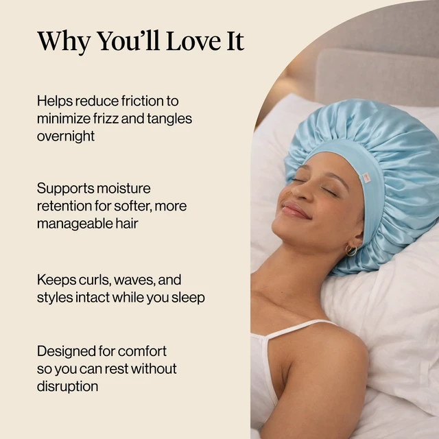 Alt view image 5 of 7 - XL Satin Bonnet for Sleeping - Haze Blue | Softer Than Silk Bonnet For Sleeping Women - Secure Fit, Adjustable & Prevents Breakage Hair Bonnet For Sleeping