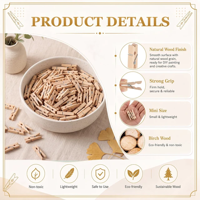 Alt view image 3 of 6 - 300 Pcs 1.4 Inch Mini Wooden Clothespins Small Clothes Pins, Natural | Wooden Clothespins, Mini Photo Clips, Rust Resistant Spring, for Baby Shower Christmas Crafts DIY Project Laundry Snack Bags