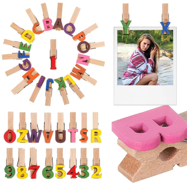 Main image of Mini Wooden Letter and Number Clothespins for Photos and Notes | Photos, place cards, labels, classroom notes, and craft displays gain letter-and-number clips for flexible visual marking