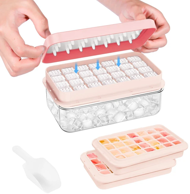 Main image of Ice Cube Tray with Lid and Bin, Easy Release 56 Cubes for Freezer | Food-grade BPA-free PP and ABS. Ice cubes for fruit, cocktails, iced coffee. Space-saving stackable with scoop