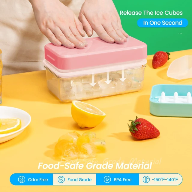 Alt view image 2 of 7 - Ice Cube Tray with Lid and Bin, Easy Release 56 Cubes for Freezer | Food-grade BPA-free PP and ABS. Ice cubes for fruit, cocktails, iced coffee. Space-saving stackable with scoop