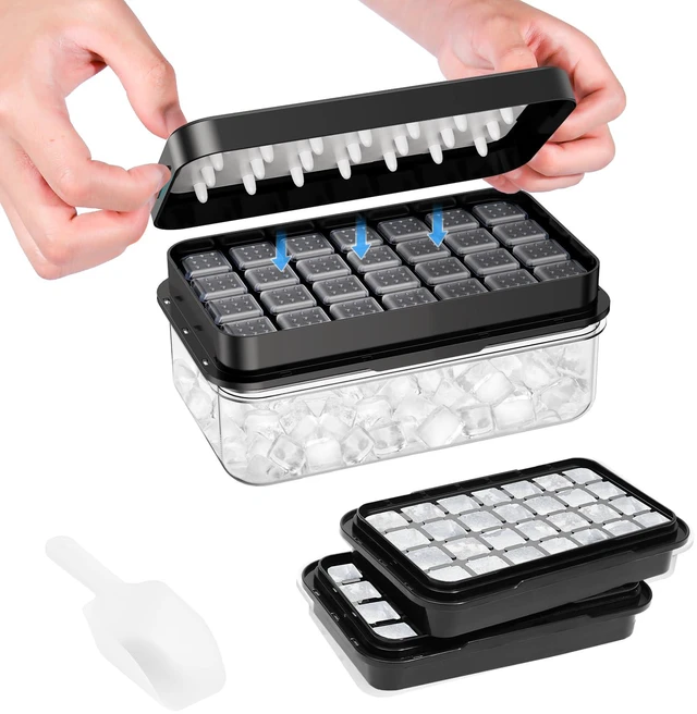 Main image of Ice Cube Tray with Lid and Bin, Easy Release 56 Cubes for Freezer | Food-grade BPA-free PP and ABS. Ice cubes for fruit, cocktails, iced coffee. Space-saving stackable with scoop