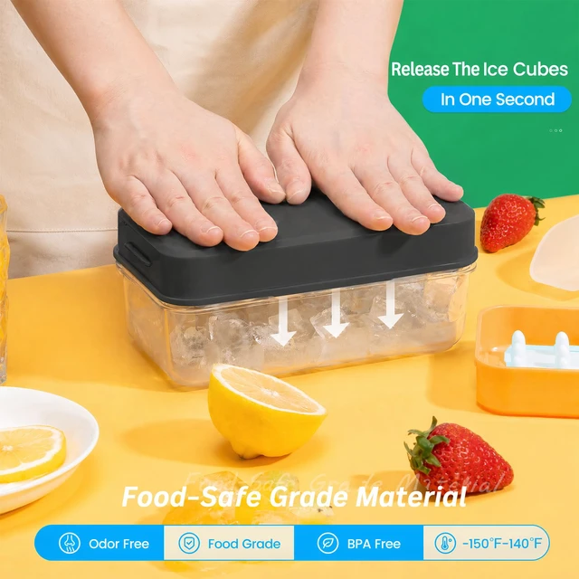 Alt view image 2 of 7 - Ice Cube Tray with Lid and Bin, Easy Release 56 Cubes for Freezer | Food-grade BPA-free PP and ABS. Ice cubes for fruit, cocktails, iced coffee. Space-saving stackable with scoop