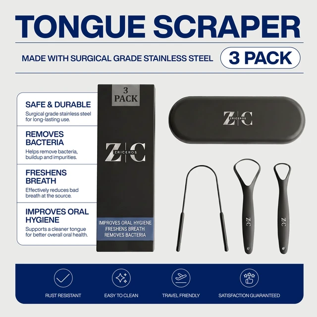 Alt view image 2 of 6 - Tongue Scraper for Adults (3 Pack) - 304 Surgical Grade Stainless Steel Tongue Scrubber & Cleaner with Travel Case, Reduces Bad Breath, Black Ergonomic Metal Tongue Brush, Dishwasher Safe