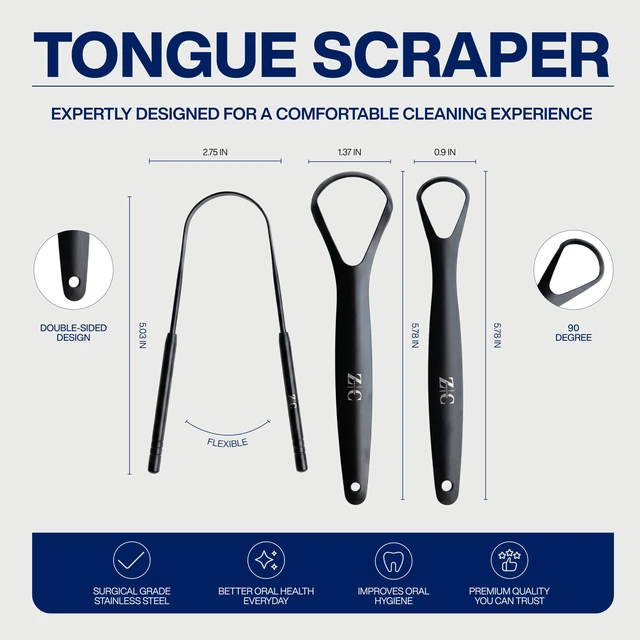 Alt view image 3 of 6 - Tongue Scraper for Adults (3 Pack) - 304 Surgical Grade Stainless Steel Tongue Scrubber & Cleaner with Travel Case, Reduces Bad Breath, Black Ergonomic Metal Tongue Brush, Dishwasher Safe