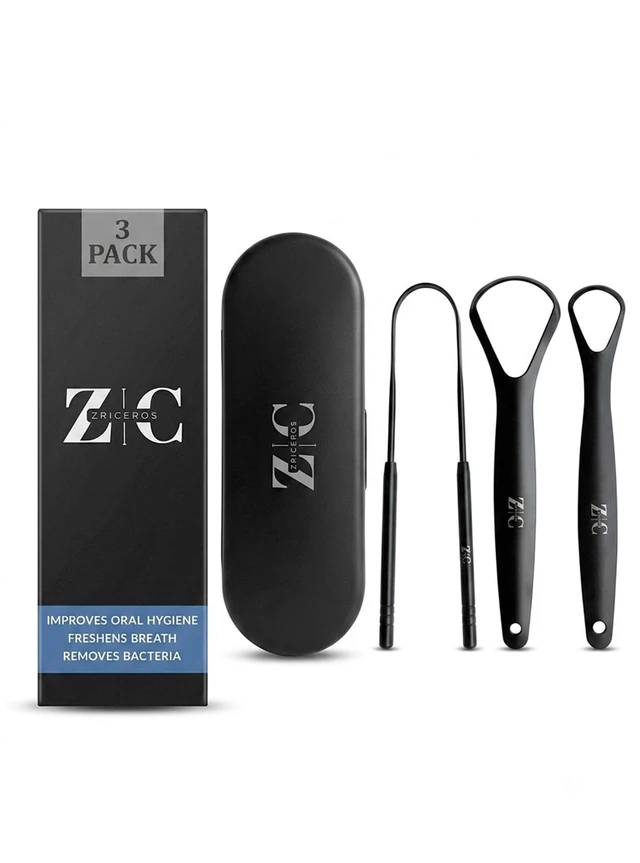 Main image of Tongue Scraper for Adults (3 Pack) - 304 Surgical Grade Stainless Steel Tongue Scrubber & Cleaner with Travel Case, Reduces Bad Breath, Black Ergonomic Metal Tongue Brush, Dishwasher Safe