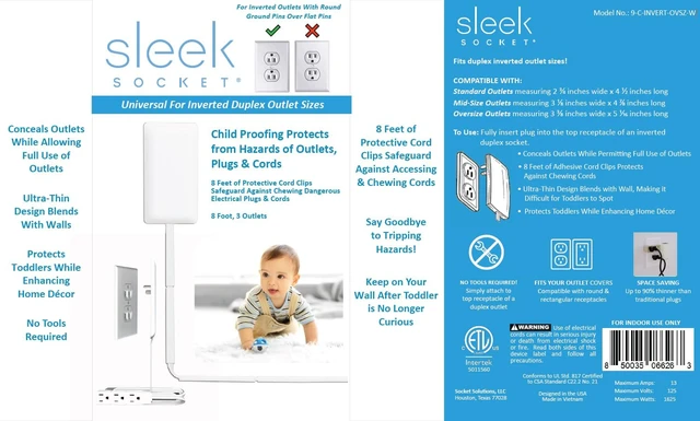 Alt view image 6 of 6 - No Shock Child Protector, Outlet & Plug Concealer for Inverted Outlets, Protective Cord Clips, 8-Foot Flat Extension Cord with Multiple Outlets, Baby Proofing from Chewing Dangerous Cords