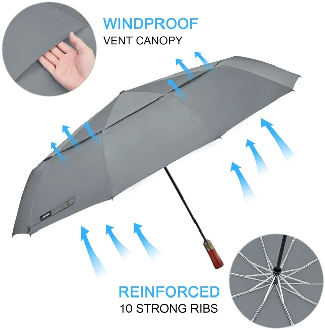 Alt view image 2 of 7 - 54 Inch Large Windproof Golf Umbrella Compact Umbrellas for Rain | Vented Double Canopy, Auto Open Close, Wooden Handle, Oversized Folding Umbrella for Travel, 10 Ribs, 2 people, Grey
