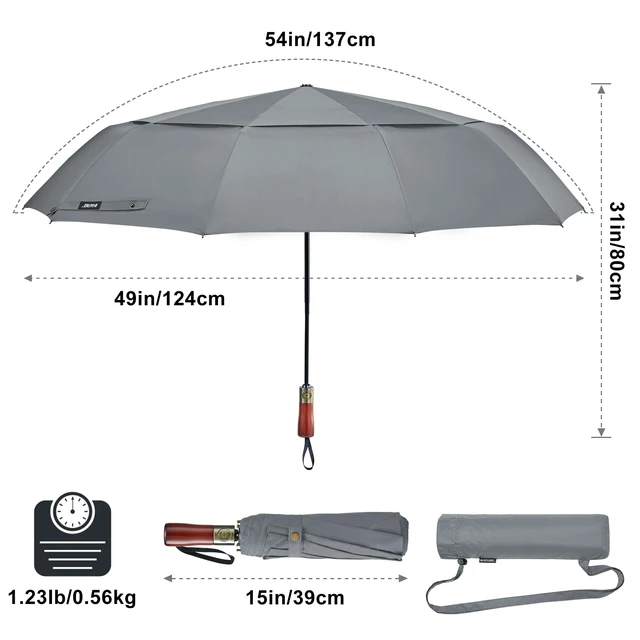 Alt view image 4 of 7 - 54 Inch Large Windproof Golf Umbrella Compact Umbrellas for Rain | Vented Double Canopy, Auto Open Close, Wooden Handle, Oversized Folding Umbrella for Travel, 10 Ribs, 2 people, Grey