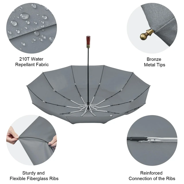 Alt view image 5 of 7 - 54 Inch Large Windproof Golf Umbrella Compact Umbrellas for Rain | Vented Double Canopy, Auto Open Close, Wooden Handle, Oversized Folding Umbrella for Travel, 10 Ribs, 2 people, Grey