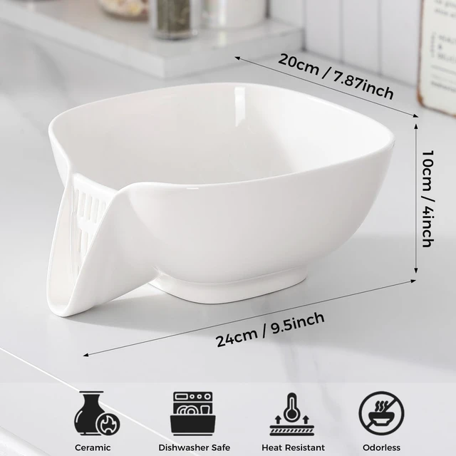 Alt view image 3 of 7 - Ceramic Drain Basket 60 Oz - Porcelain Colander with Integrated Spout for Kitchen, Food Strainer for Vegetables, Fruit, Pasta, Heat-Resistant Dishwasher Safe