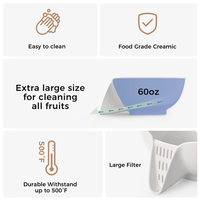 Alt view image 4 of 7 - Ceramic Drain Basket 60 Oz - Porcelain Colander with Integrated Spout for Kitchen, Food Strainer for Vegetables, Fruit, Pasta, Heat-Resistant Dishwasher Safe