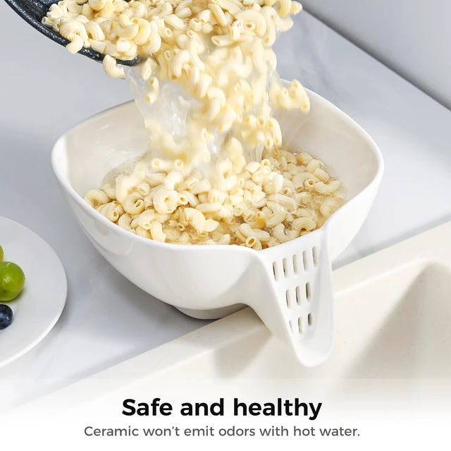 Alt view image 2 of 7 - Ceramic Drain Basket 60 Oz - Porcelain Colander with Integrated Spout for Kitchen, Food Strainer for Vegetables, Fruit, Pasta, Heat-Resistant Dishwasher Safe