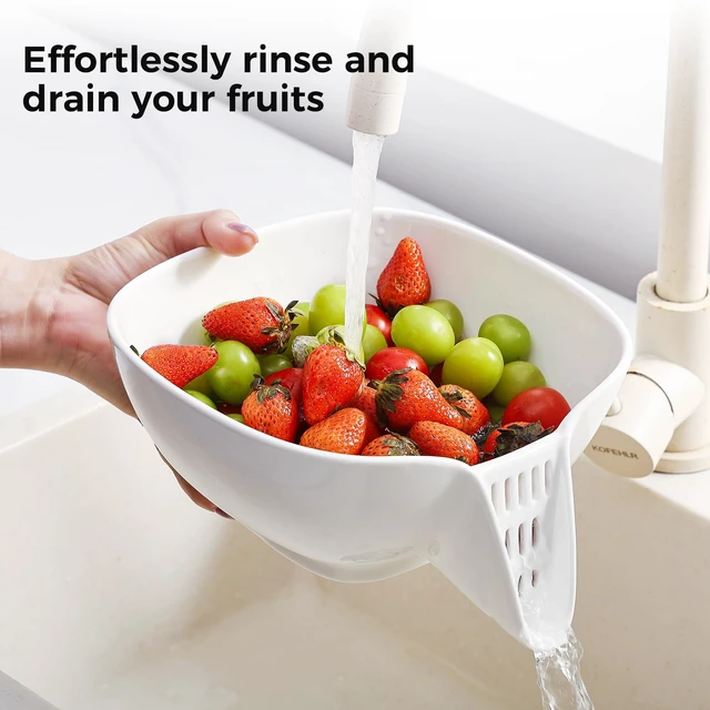 Alt view image 5 of 7 - Ceramic Drain Basket 60 Oz - Porcelain Colander with Integrated Spout for Kitchen, Food Strainer for Vegetables, Fruit, Pasta, Heat-Resistant Dishwasher Safe