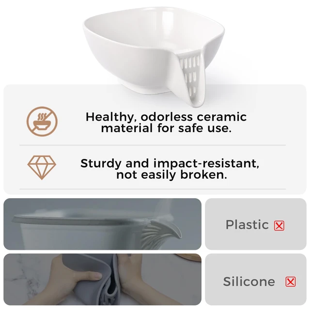 Alt view image 6 of 7 - Ceramic Drain Basket 60 Oz - Porcelain Colander with Integrated Spout for Kitchen, Food Strainer for Vegetables, Fruit, Pasta, Heat-Resistant Dishwasher Safe