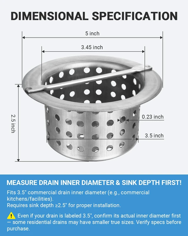Alt view image 2 of 7 - Commercial Floor Drain Strainer Basket, Heavy Duty 304 Stainless Steel Hair Catcher with Handle, Drain Filter for Kitchen/Utility Sinks & Floor Troughs - Prevents Clogs (Outer Diameter 5 Inch)