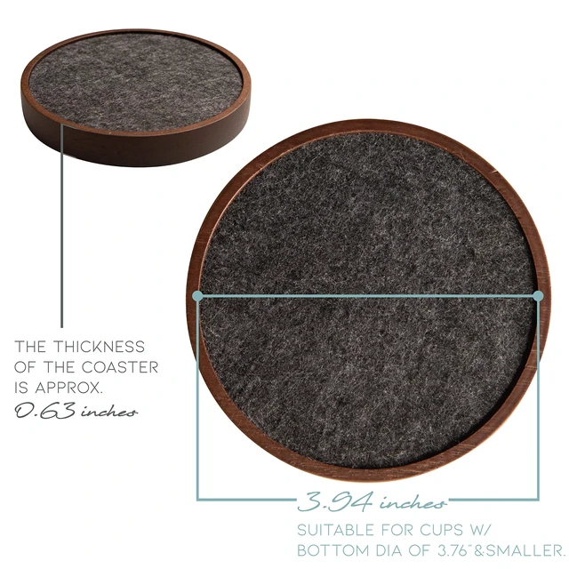 Alt view image 4 of 7 - Wood Coaster for Drinks, 4.3 Inch, Set of 6, Absorbent and Insulation Felt Stackable Cup Holders, Coasters for Wooden Table, Designed by