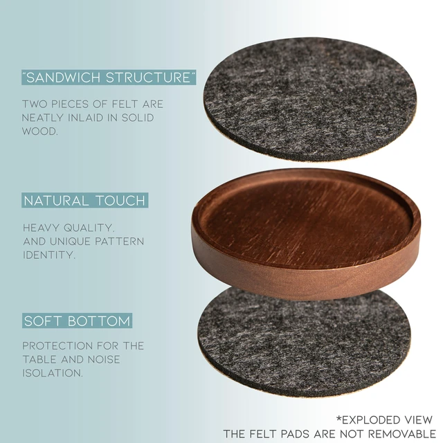 Alt view image 3 of 7 - Wood Coaster for Drinks, 4.3 Inch, Set of 6, Absorbent and Insulation Felt Stackable Cup Holders, Coasters for Wooden Table, Designed by