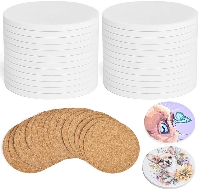 Main image of 24 Pcs Round Ceramic Tiles for Crafts 4x4 White Ceramic Coasters for Crafts with Cork Backing Pads Blank Unglazed Tiles for Painting, Alcohol Ink, Acrylic Pouring, DIY Coaster