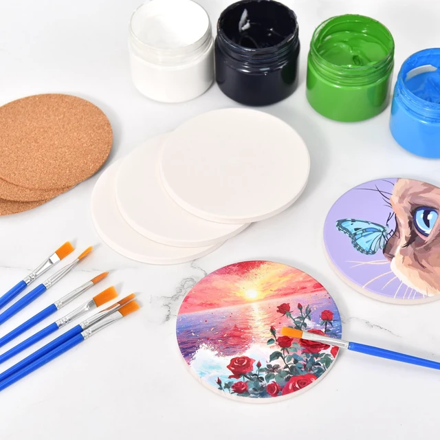 Alt view image 2 of 7 - 24 Pcs Round Ceramic Tiles for Crafts 4x4 White Ceramic Coasters for Crafts with Cork Backing Pads Blank Unglazed Tiles for Painting, Alcohol Ink, Acrylic Pouring, DIY Coaster