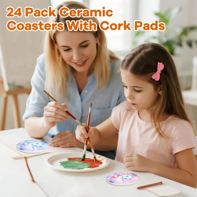 Alt view image 6 of 7 - 24 Pcs Round Ceramic Tiles for Crafts 4x4 White Ceramic Coasters for Crafts with Cork Backing Pads Blank Unglazed Tiles for Painting, Alcohol Ink, Acrylic Pouring, DIY Coaster