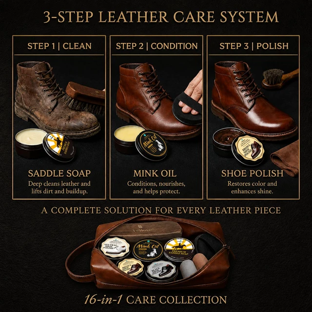 Alt view image 2 of 7 - Shoe Care Kit 16-in-1 Leather Shoe Polish, Cleaning & Conditioning Kit with Saddle Soap & Mink Oil Black/Brown/Neutral Shoe Polish, 3 Horsehair Brushes Premium Storage Bag Gift for Men & Women