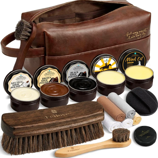 Main image of Shoe Care Kit 16-in-1 Leather Shoe Polish, Cleaning & Conditioning Kit with Saddle Soap & Mink Oil Black/Brown/Neutral Shoe Polish, 3 Horsehair Brushes Premium Storage Bag Gift for Men & Women