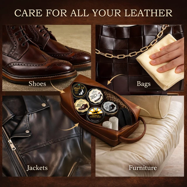 Alt view image 3 of 7 - Shoe Care Kit 16-in-1 Leather Shoe Polish, Cleaning & Conditioning Kit with Saddle Soap & Mink Oil Black/Brown/Neutral Shoe Polish, 3 Horsehair Brushes Premium Storage Bag Gift for Men & Women
