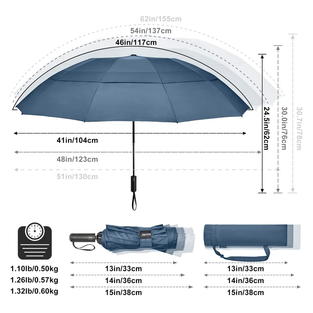 Alt view image 2 of 7 - 46/54/62 Inch Large Golf Umbrella Windproof Reverse Travel Umbrella | Inverted Folding Umbrella for Rain, Windproof Double Canopy, Auto Open Close, 10 Ribs, Compact, for Bag/Backpack, 2 people