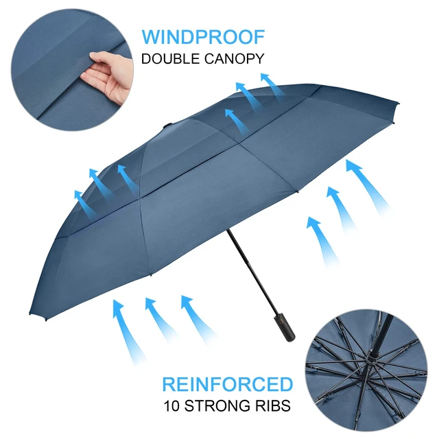 Alt view image 5 of 7 - 46/54/62 Inch Large Golf Umbrella Windproof Reverse Travel Umbrella | Inverted Folding Umbrella for Rain, Windproof Double Canopy, Auto Open Close, 10 Ribs, Compact, for Bag/Backpack, 2 people
