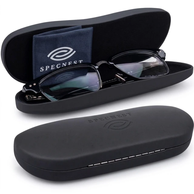 Main image of Slim Hard Eyeglass Case Stainless Steel Shell with Vegan Leather & Elastic Mesh Interior Thin Portable Glasses Case for Men & Women Crush-Resistant Hard Shell