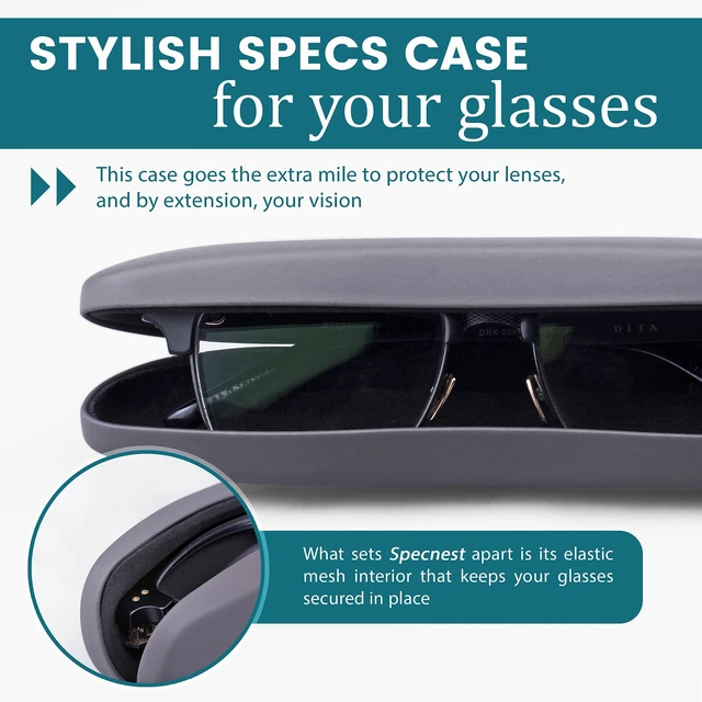 Alt view image 2 of 7 - Slim Hard Eyeglass Case Stainless Steel Shell with Vegan Leather & Elastic Mesh Interior Thin Portable Glasses Case for Men & Women Crush-Resistant Hard Shell