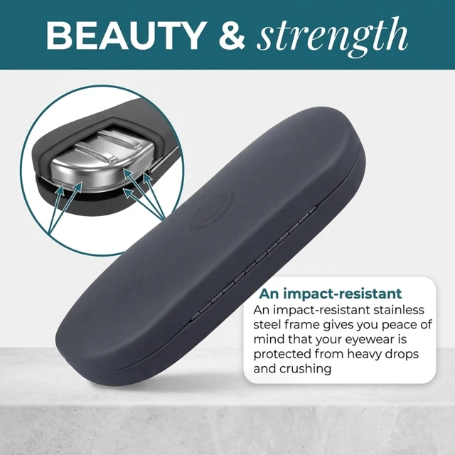 Alt view image 4 of 7 - Slim Hard Eyeglass Case Stainless Steel Shell with Vegan Leather & Elastic Mesh Interior Thin Portable Glasses Case for Men & Women Crush-Resistant Hard Shell