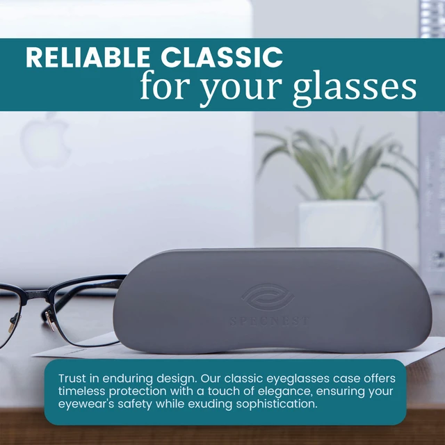 Alt view image 5 of 7 - Slim Hard Eyeglass Case Stainless Steel Shell with Vegan Leather & Elastic Mesh Interior Thin Portable Glasses Case for Men & Women Crush-Resistant Hard Shell