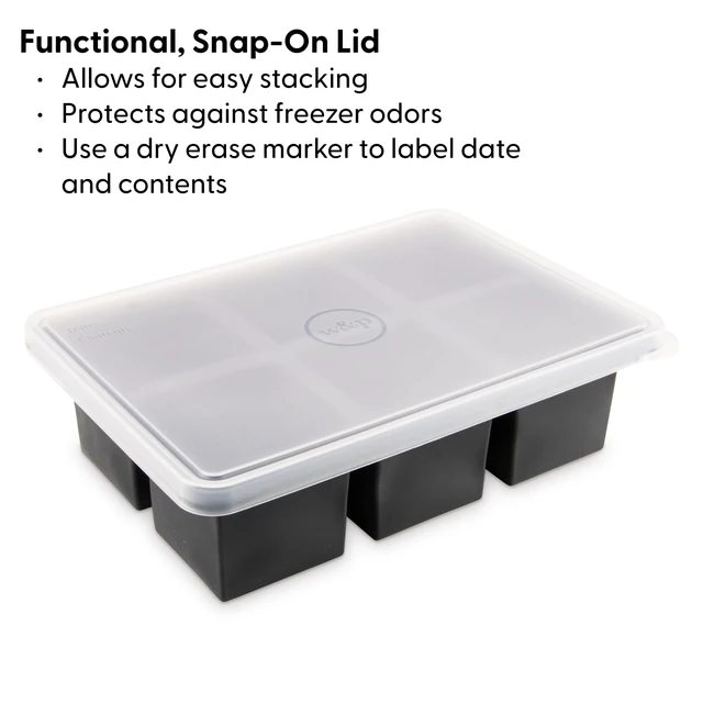 Alt view image 4 of 7 - Cup Cubes Silicone Freezer Tray with Lid, Blue, Makes 6 Perfect 1-Cup Portions, Freeze & Store Soup, Broth, Sauce, Leftovers, Dishwasher Safe
