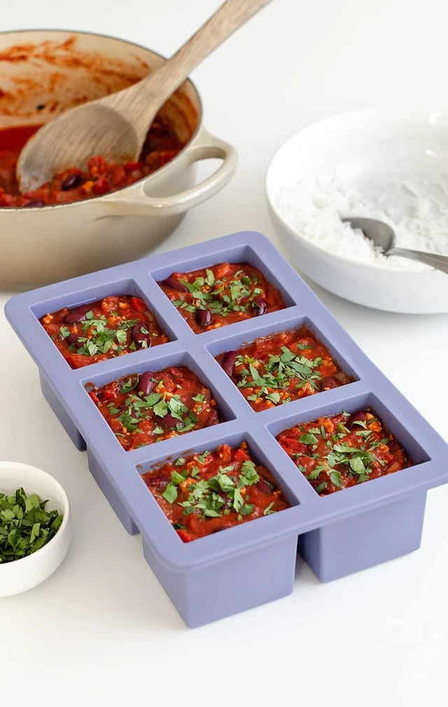 Alt view image 7 of 7 - Cup Cubes Silicone Freezer Tray with Lid, Blue, Makes 6 Perfect 1-Cup Portions, Freeze & Store Soup, Broth, Sauce, Leftovers, Dishwasher Safe