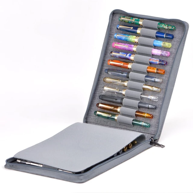 Alt view image 4 of 7 - 24 Fountain Pen Case Gray Organizer Bag - Premium Waterproof Canvas Pen Display Holder, Individual Slot Zippered Style Storage Case