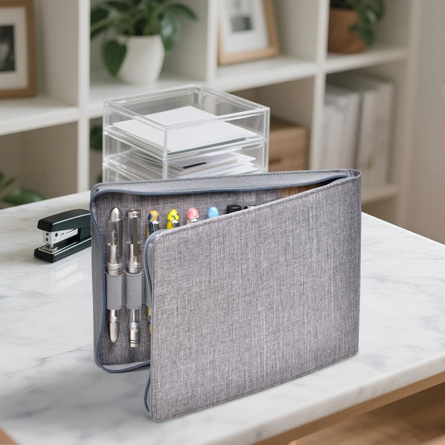 Alt view image 3 of 7 - 24 Fountain Pen Case Gray Organizer Bag - Premium Waterproof Canvas Pen Display Holder, Individual Slot Zippered Style Storage Case