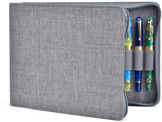 Alt view image 6 of 7 - 24 Fountain Pen Case Gray Organizer Bag - Premium Waterproof Canvas Pen Display Holder, Individual Slot Zippered Style Storage Case