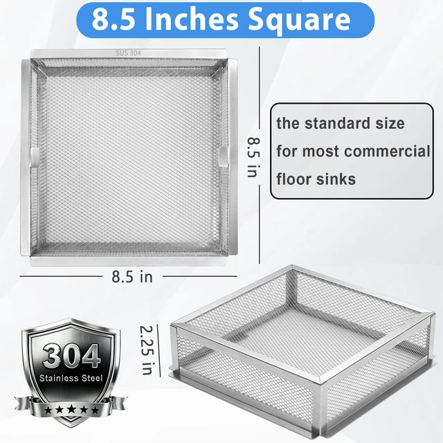 Alt view image 3 of 7 - 304 Stainless Steel Floor Sink Drain Cover 8.5 Inch Heavy Duty Commercial Floor Drain Strainer with Reinforced Bottom Frame, Square Drop-in Basket for Restaurant Kitchen Drain, Debris Trap