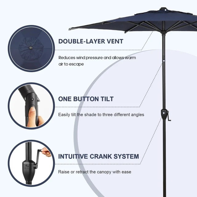 Alt view image 2 of 7 - 7.5FT Lyon Outdoor Patio Umbrella Outdoor Table Umbrella with Push Button Tilt and Crank Market Umbrella 6 Sturdy Ribs UV Protection Waterproof for Garden Deck Backyard Pool, Navy Blue