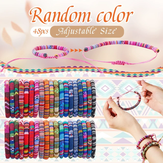 Alt view image 2 of 7 - 48 Pcs Friendship Bracelets Bulk, Boho Adjustable Woven Bracelets | for Women Men, Colorful Hippie Party Favor Friends Gifts for Coworkers, Birthday, Beach Vacation, Christmas Stocking Stuffers