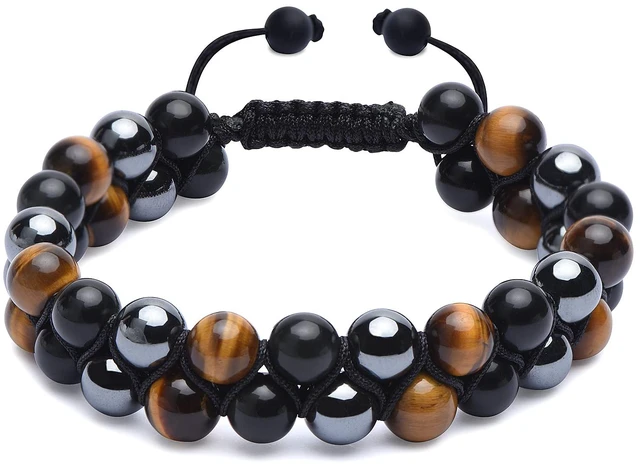 Main image of Triple Protection Bracelet for Men - Genuine Tigers Eye Black Obsidian Hematite 8mm Natural Stone Beads Stretchy Healing Crystal Jewelry, Anxiety Relief Energy, Ideal for Dad Christmas Birthday