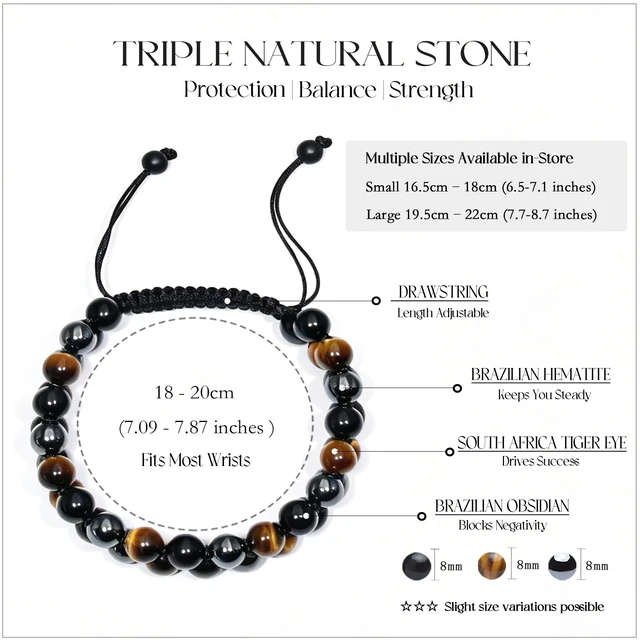 Alt view image 5 of 7 - Triple Protection Bracelet for Men - Genuine Tigers Eye Black Obsidian Hematite 8mm Natural Stone Beads Stretchy Healing Crystal Jewelry, Anxiety Relief Energy, Ideal for Dad Christmas Birthday